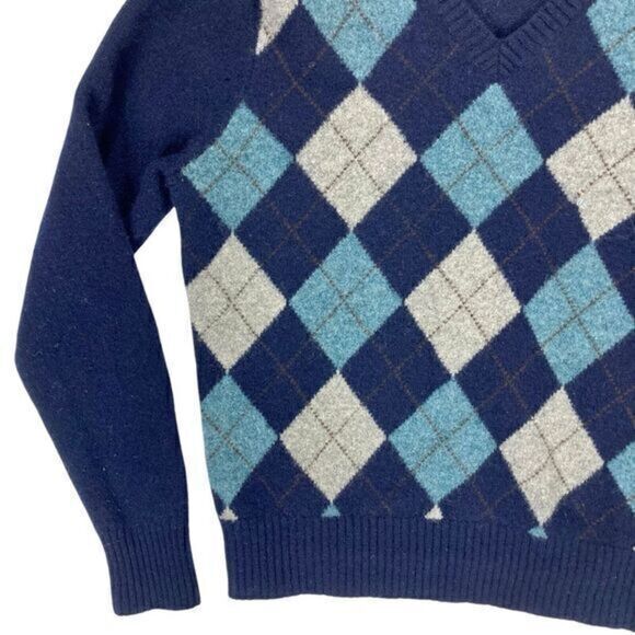 J. Crew 100% Lambswool Sweater Mens Large Blue Diamond Argyle Classic Pullover - Picture 4 of 15